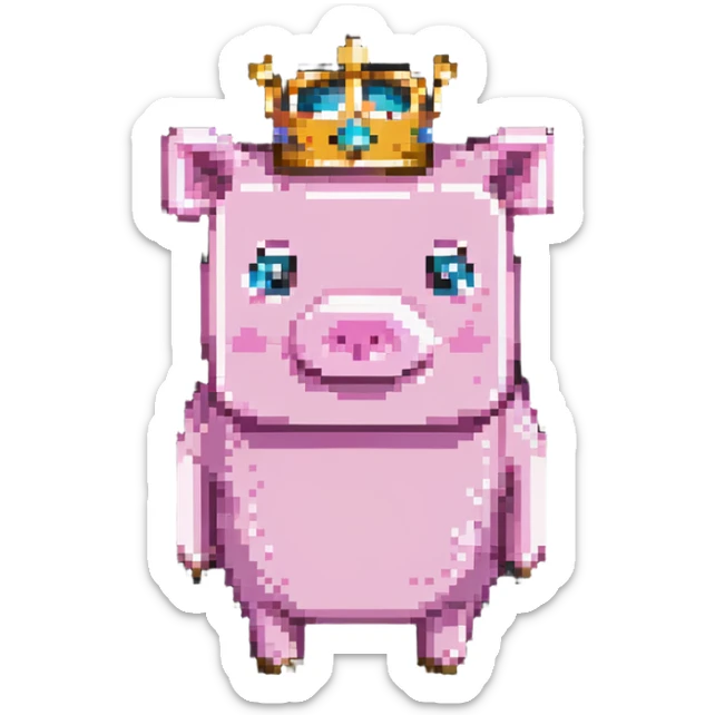 minecraft pig full body pink blocky animal square head square body wearing a crown sticker