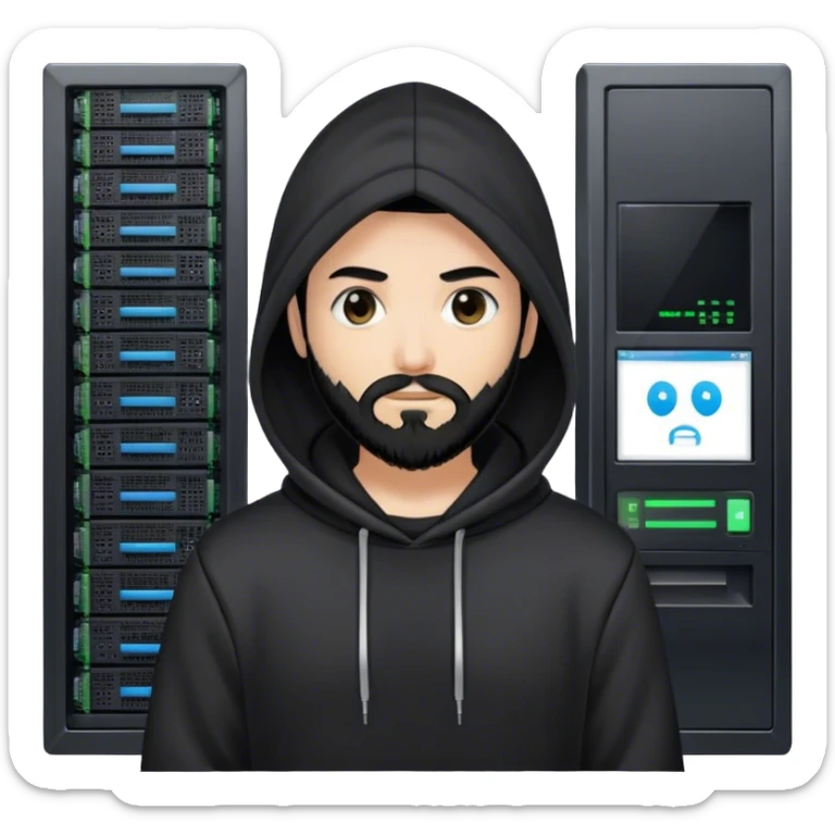 hackeur blanc cheveux noir barbe et capuche noir à côté d'un server ia sticker