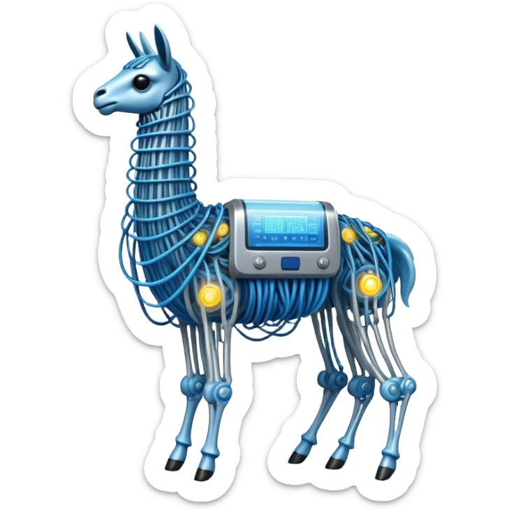 A high-tech llama made of electric wires and cables with rubber scales that reveal its electric skeleton, possessing both jellyfish-like tendrils and the ability to generate electrical pulses that illuminate the ocean depths. sticker