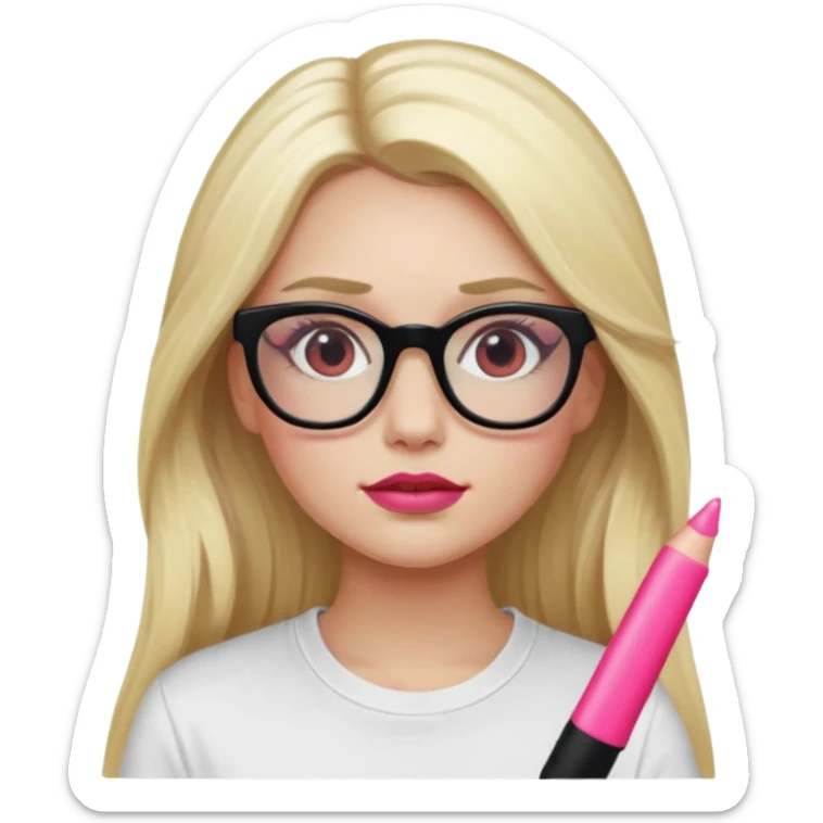 A blonde woman, long hair and long eye lashes, red blushes and little pink lip and highlighter, black glasses, white tshirt sticker
