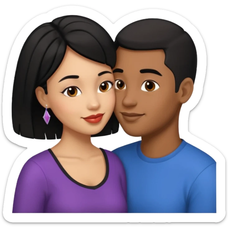 Ebony couple, light skin female with black hair, brown skin male with low haircut no bread kiss sticker