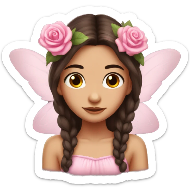 Beautiful, rose, fairy, pink, flowers in hair, long dark brown hair, big wings, fair skin sticker