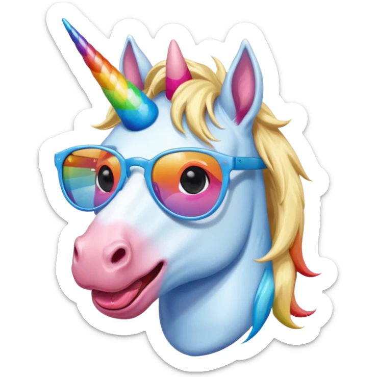 Male blonde blue rainbow white coated Unicorn wearing shades tongue out  sticker