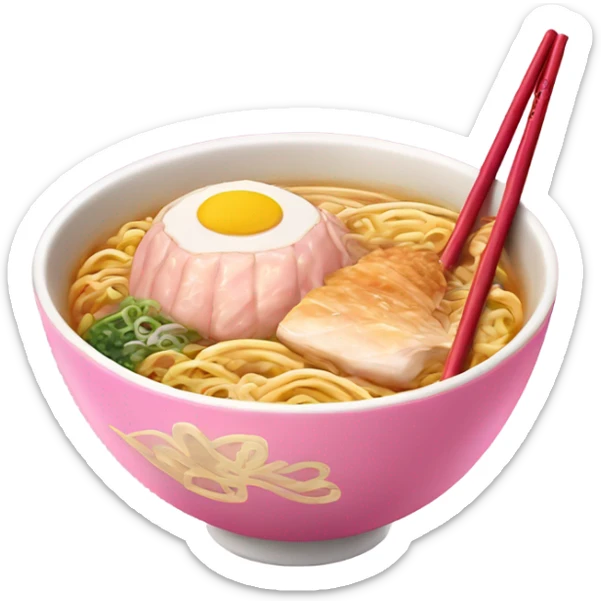traditional ramen, pink and gold bowl, gold chopsticks and a chicken insiste sticker