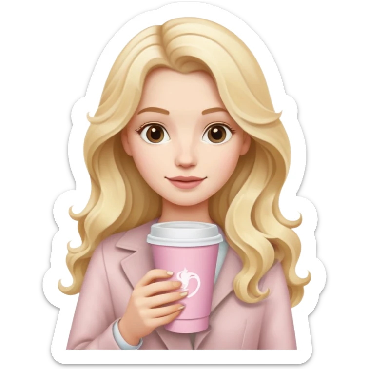 A white girl with long blonde wave hair and a pale pink paper cup of coffee sticker