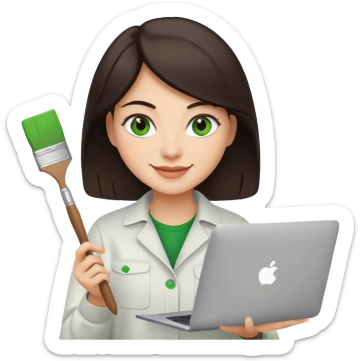 happy Graphic designer whit a MacBook, him eyes green color and dark brown hair, he is paint artist sticker