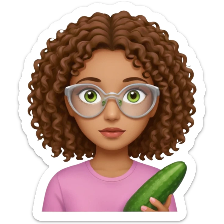 lightskin girl having a spa day with green skincare clay mask and ,cucumbers on her eyeballs  and brown curly hair and a pink shirt not holding it in her hand sticker