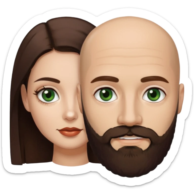 Man beard bald white dark green eyes, woman medium hair brown brown eyed latina they have different eye color man dark green woman dark brown sticker