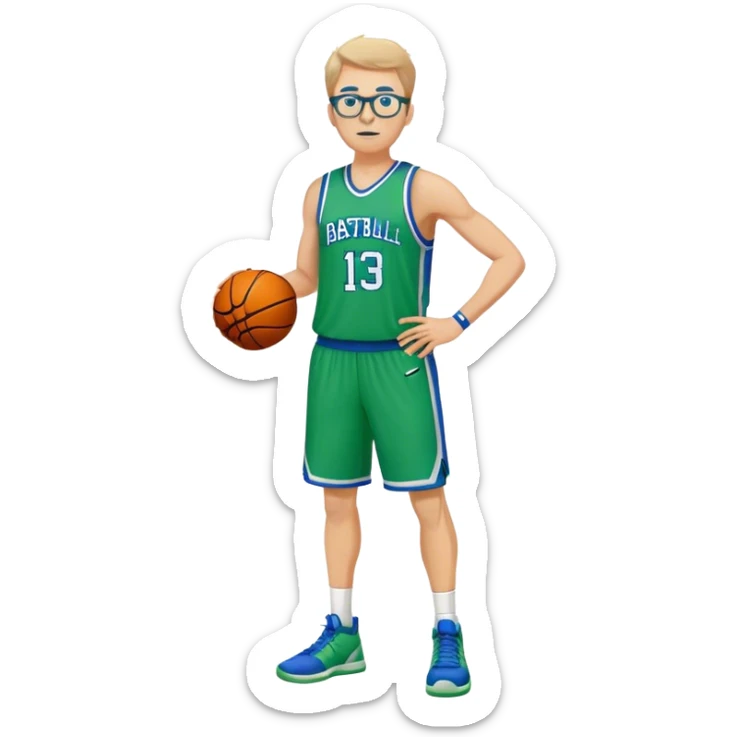 full body heavy tall white male basketball wearing glasses in blue an green uniform sticker
