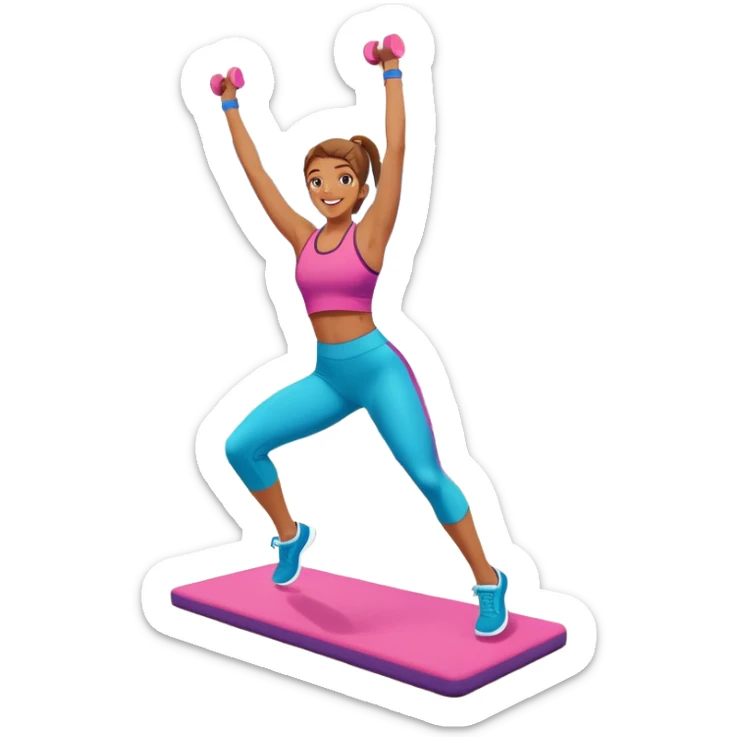 An energetic person performing an aerobics workout in a brightly lit gym, jumping and stretching with enthusiasm. The scene includes vibrant fitness equipment like dumbbells and exercise mats, with a background of cheerful, motivating colors, conveying energy and movement. sticker