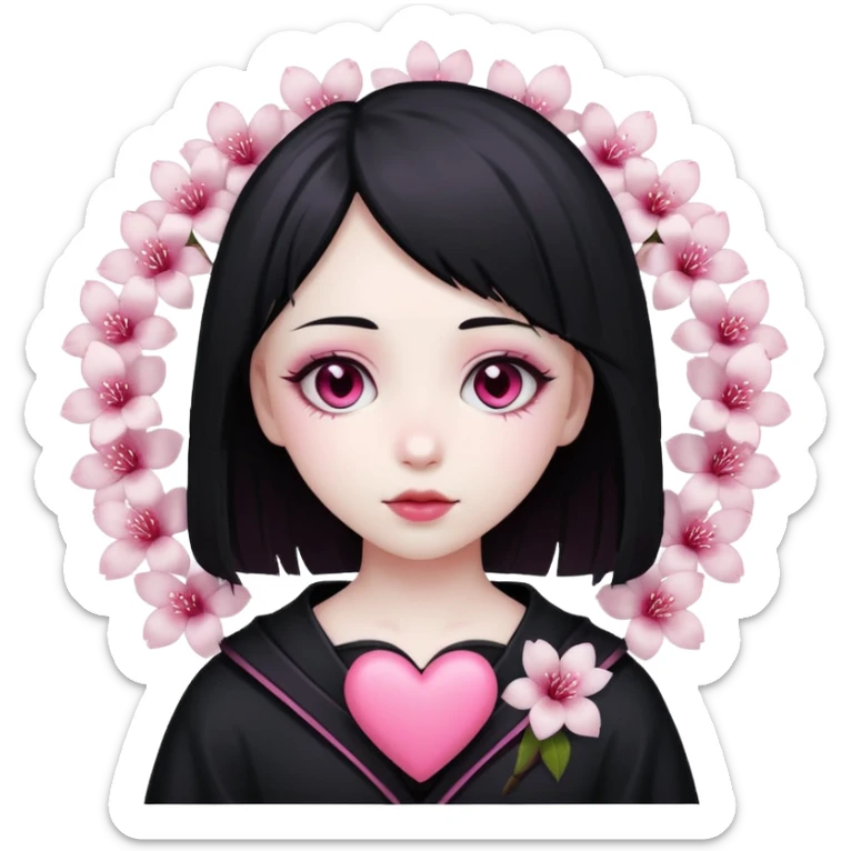 goth sakura heart, heart made of white sakura petals with pink accents sticker