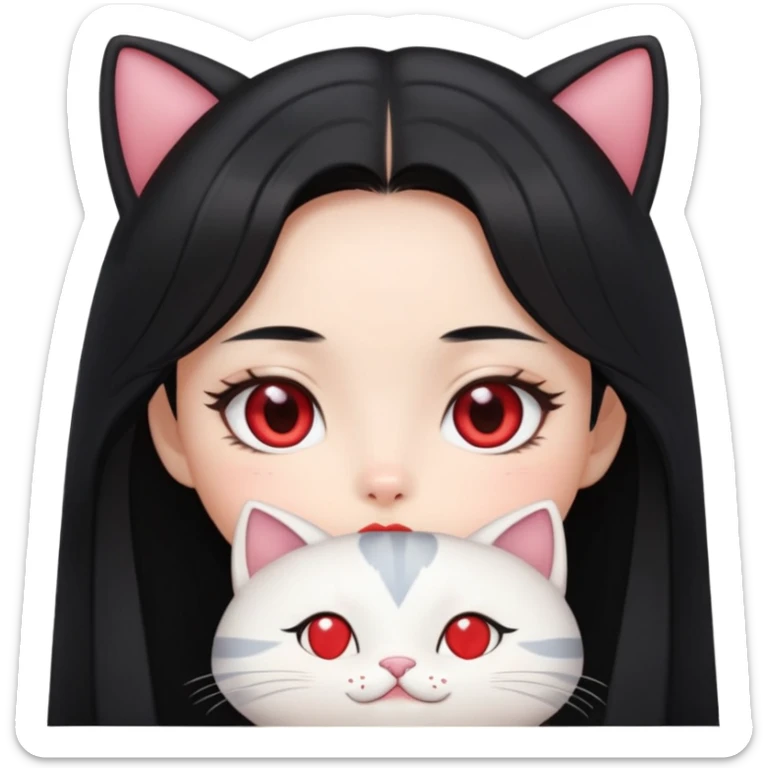 Wonyoung, long black hair , cat doe eyes , heart shape lips and oval face shape  sticker