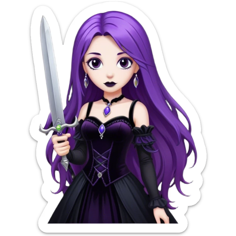 A gothic princess with long purple hair, in a black velvet dress, holding a silver dagger. sticker