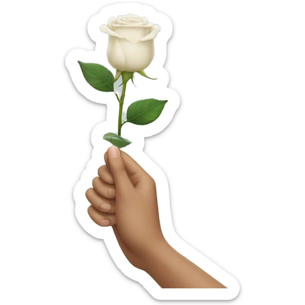 a hand coming out from the bottom of the screen, showing the back of his hand, which is holding a white rose from the stem sticker