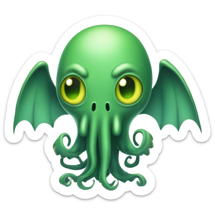 A full-body depiction of Cthulhu in a T-pose, with a simple, cute appearance. The character has a tentacled face, small wings, and slightly menacing eyes. The figure should be fully visible from head to feet sticker