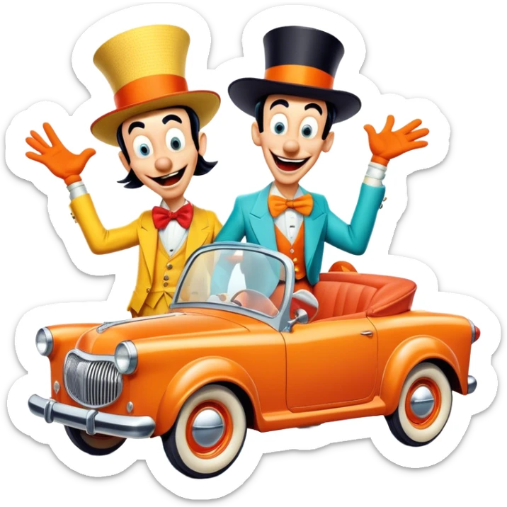 A vintage movie poster-style design with two goofy characters in outrageous outfits, showing exaggerated, silly expressions. Include elements like a goofy car, ridiculous props, and comical facial expressions. Retro comedic style with vibrant colors. Transparent background. sticker