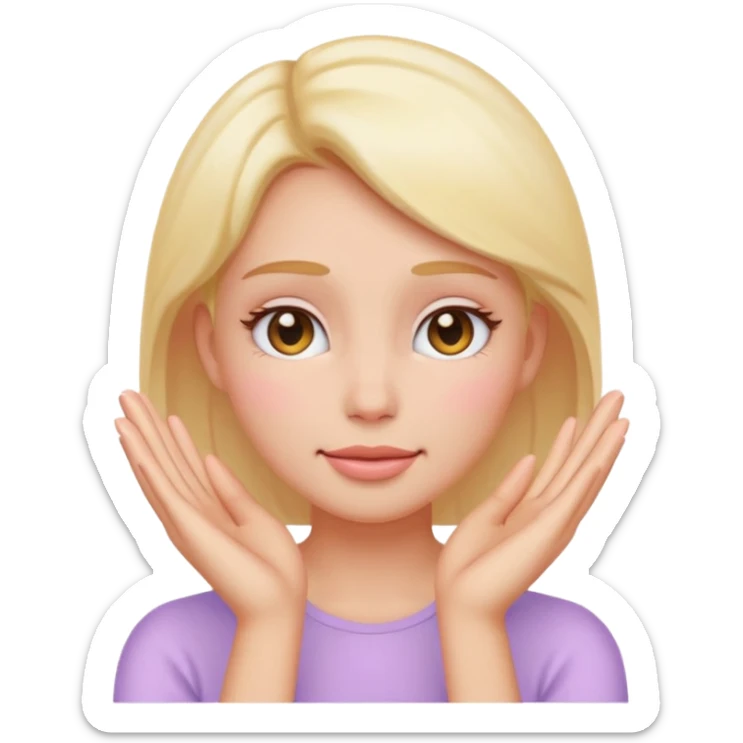 Emoji of glowing female face with hands on cheeks, skincare, pastel, flat, minimal sticker