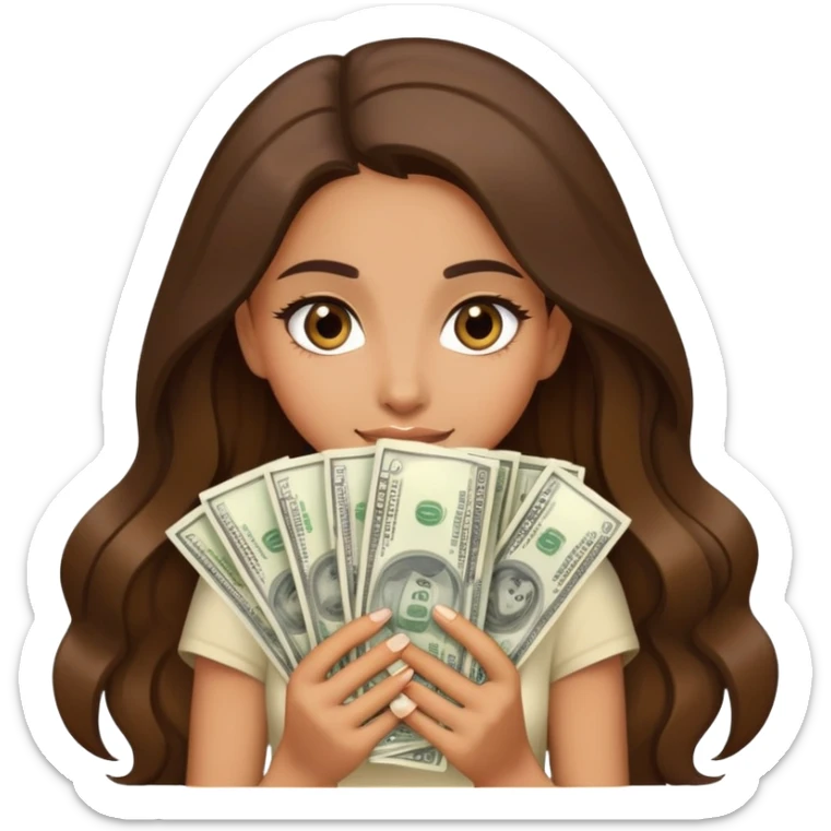 beautiful rich olive skin girl with long brown hair holding lots of money sticker