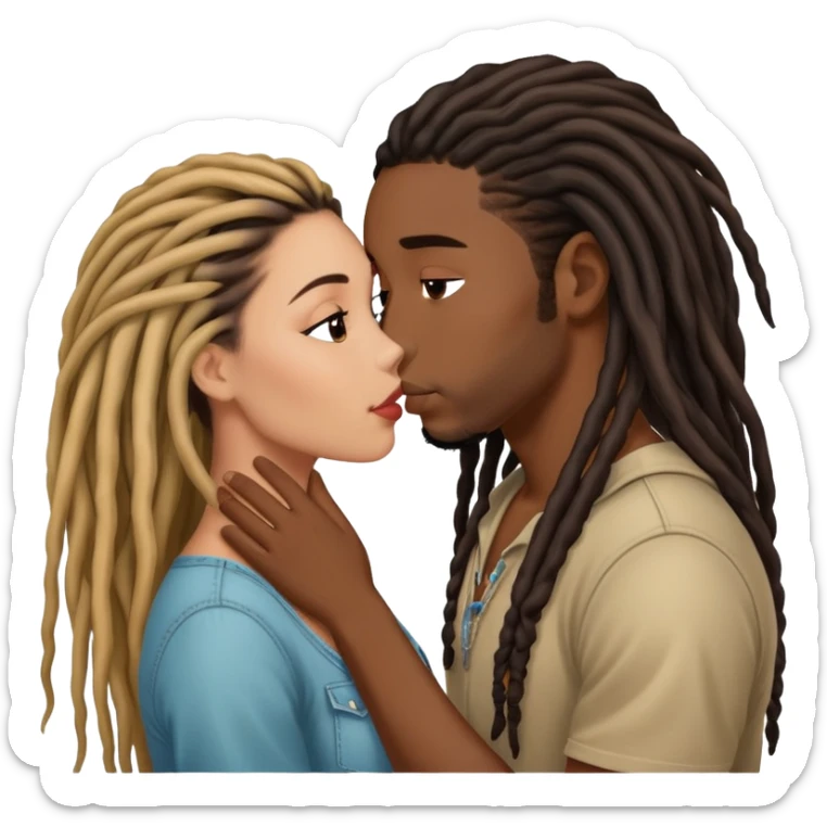 Latina Woman with long hair kissing a young black guy with dreads no beard sticker