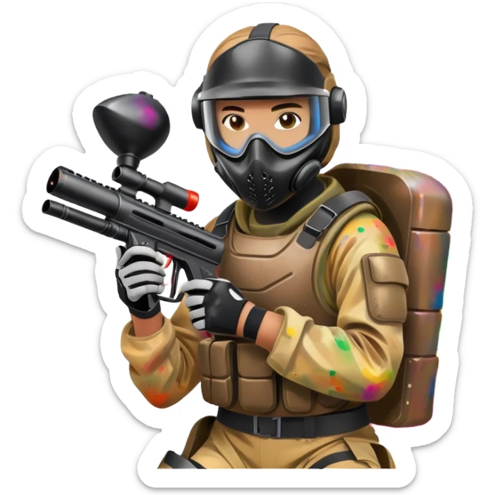 A dynamic scene of a player in action, holding a paintball gun and wearing protective gear. The background shows a vibrant paintball field with obstacles, colorful splatters of paint in the air, and an intense, competitive atmosphere. sticker
