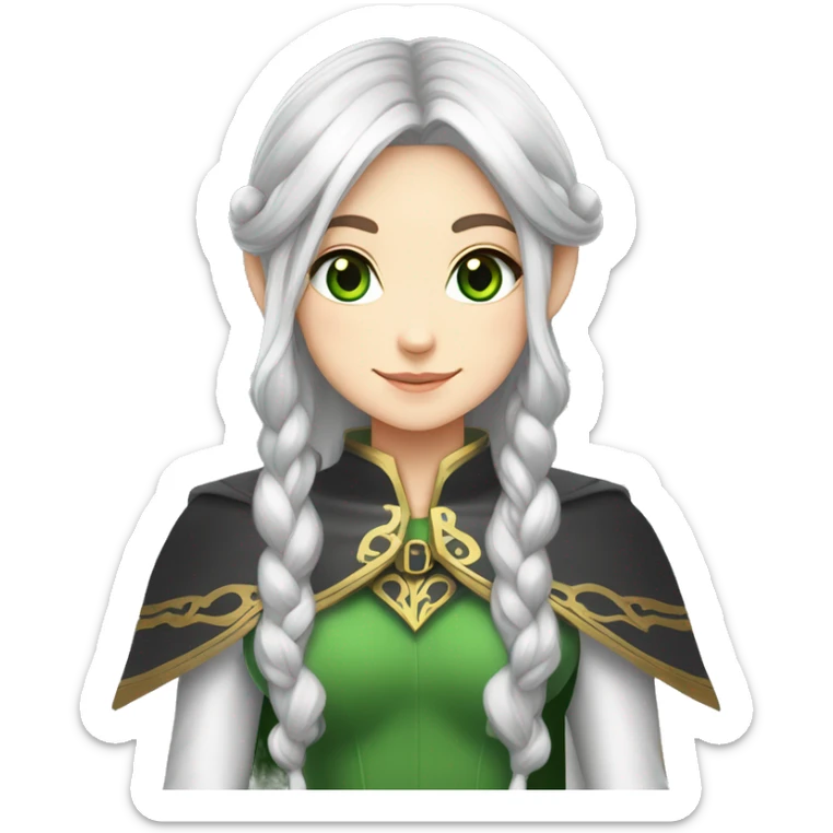 Frieren, grey_hair, twintails, elf, pointy_ears, long_hair, green_eyes, blue_eyes, white cape with golden list and inside shirt colored black and white tiles sticker