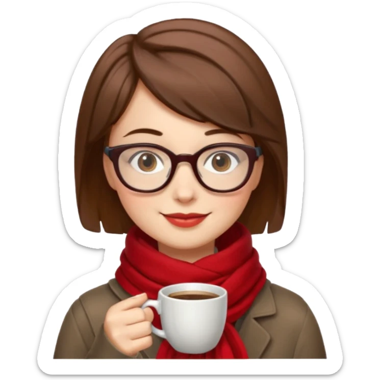 a girl with brown short hair, having red scarf, wearing glasses, drink coffee, enjoy sticker