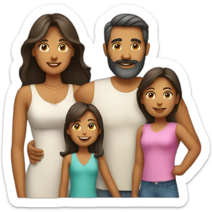 Indian family of 4 people, dad with beard, mom and 2 daughters on a beach sticker