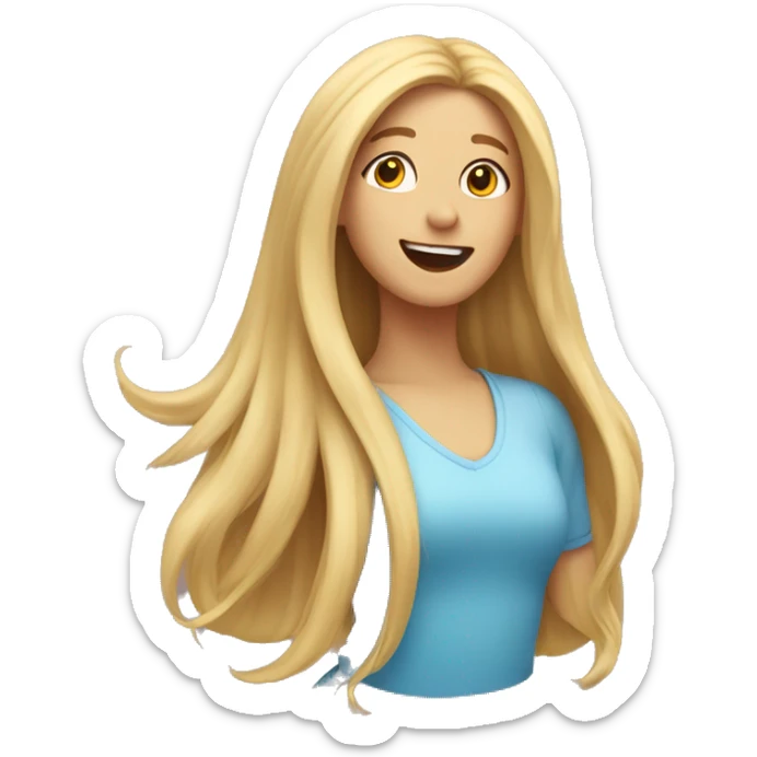 An emoji of a girl with very long blonde hair, flowing down her back, and a cheerful expression sticker