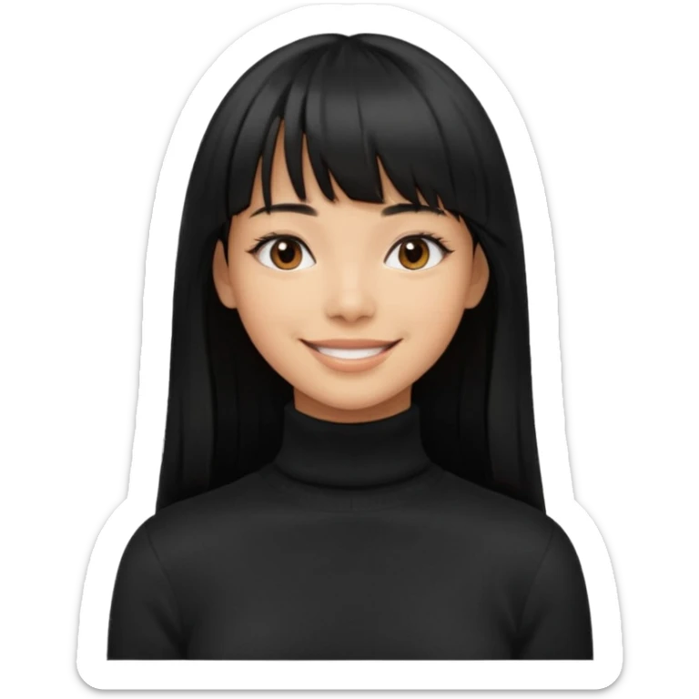 Photograph of a young woman with long, straight black hair and bangs, wearing a black turtleneck sweater. sticker