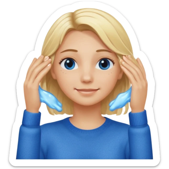 Girl massaging her head with blonde wet hair with anti-dark circles patches in her eyes dressed in a blue sweater with a smile sticker