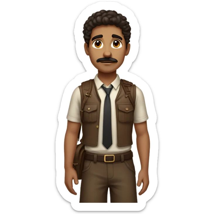 greek boy with dark brown hair and moustache wearing brown outfit with tie and long shorts and cross body bag sticker