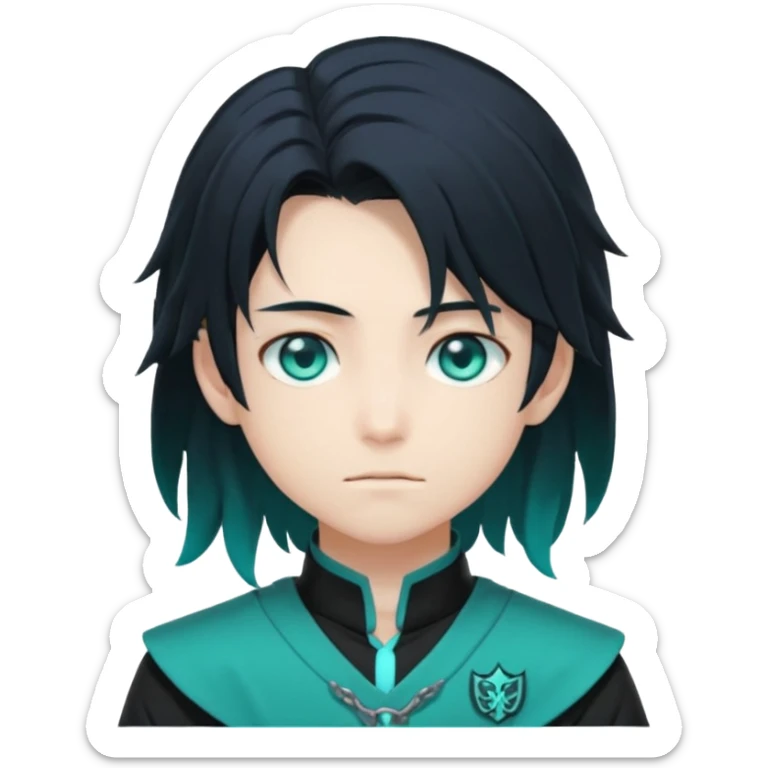 Tokito Muichiro emoji style — calm boy with long black hair fading mint green, turquoise eyes, pale skin, dreamy face, wearing dark Demon Slayer uniform, black + teal tone, anime cute clean style. sticker