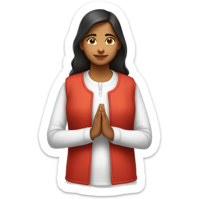 A teenage girl wearing plain white kurty with no designs . She is also wearing red modi jacket. She is joining her hands and praying  sticker