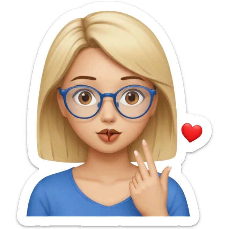 Asthectic Blonde women
brown eyes, blue glasses, 
brown top
blowing a kiss with a small heart around her. sticker