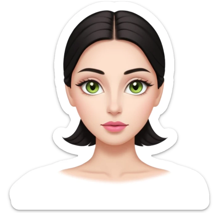 Front-facing portrait of a young woman with fair glowing skin, symmetrical features, light green almond-shaped eyes, long lashes, soft arched brows, straight refined nose, and full natural pink lips. Dark sleek hair pulled back with a middle part.  sticker