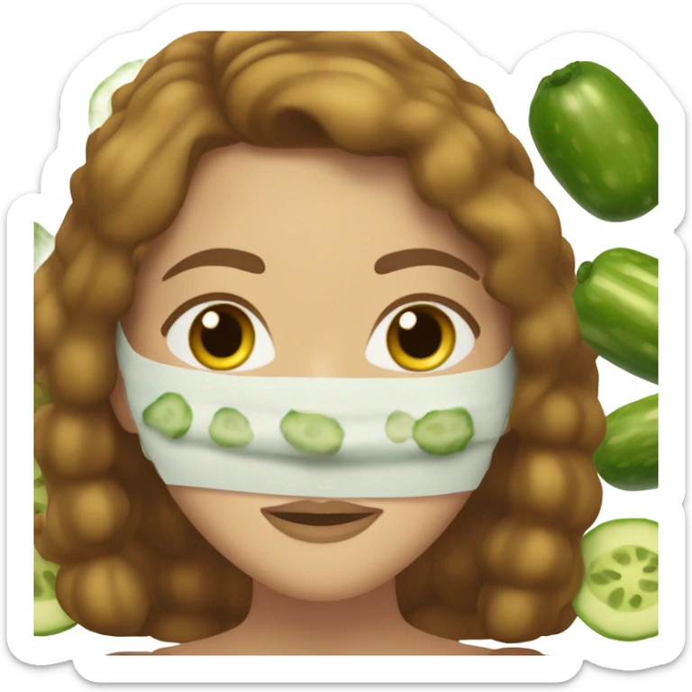 Girl with freackles Brown hair and white skin wears skin care mask Thats Green and pickle on her closed eyes sticker