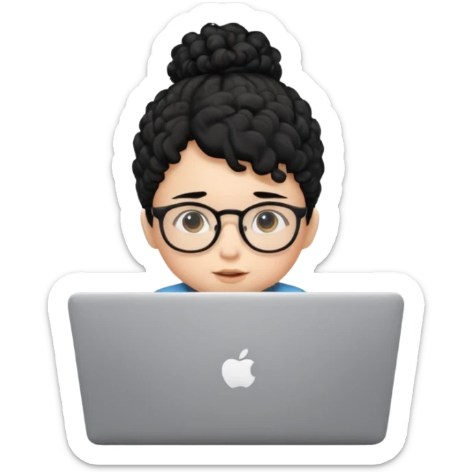 A baby DEVELOPER WITH A laptop, black curly hair and topknot, wearing glasses sticker