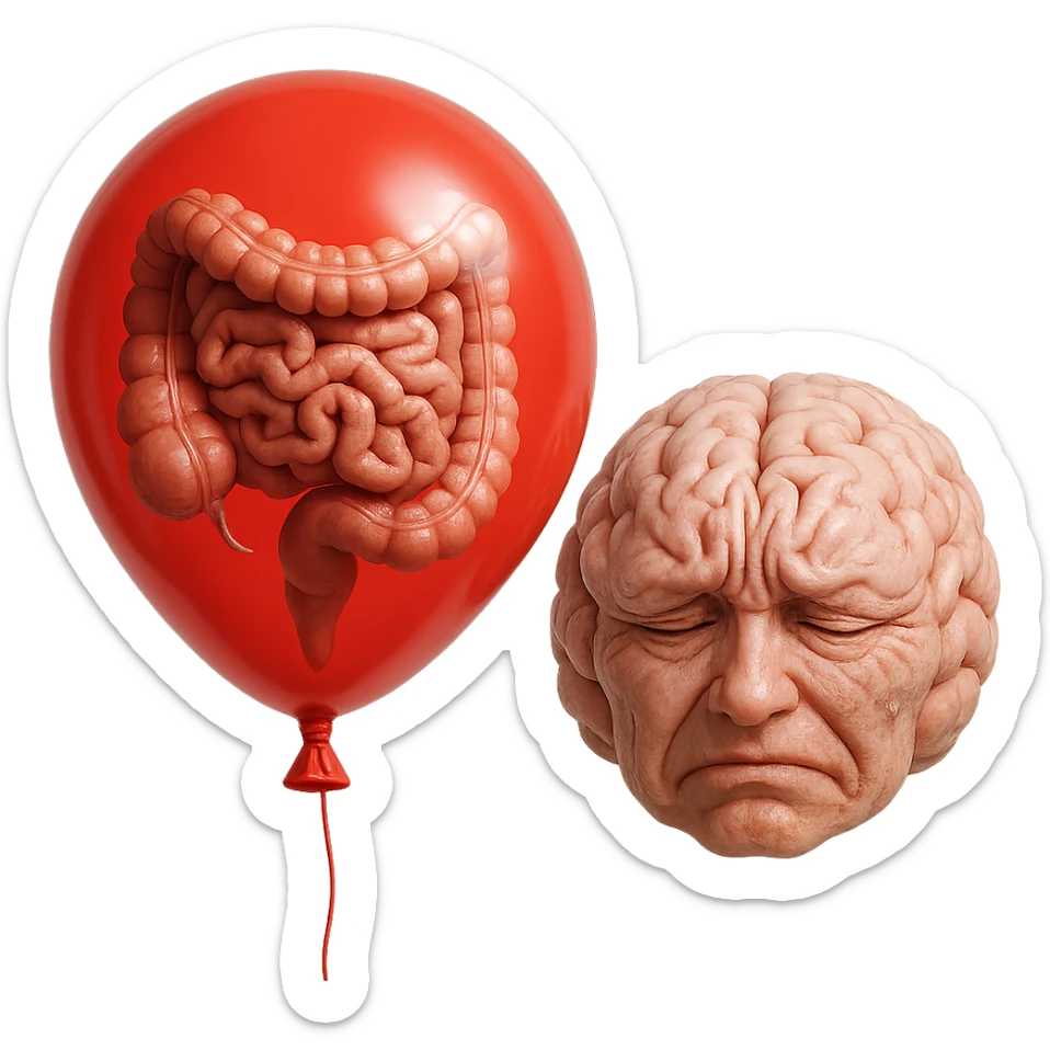 intestino umano anatomico chiuso in un palloncino rosso che simboleggia gonfiore, accanto un cervello stressato, iperrealistico 4k sticker