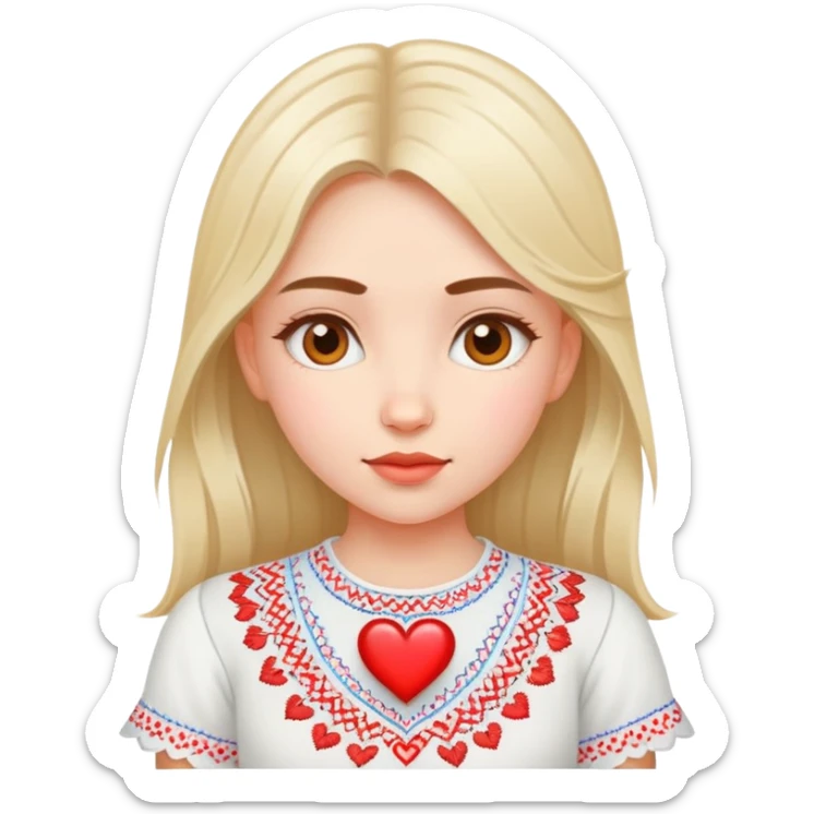 beautiful young girl wearing a white Ukrainian embroidered shirt with a big heart sticker