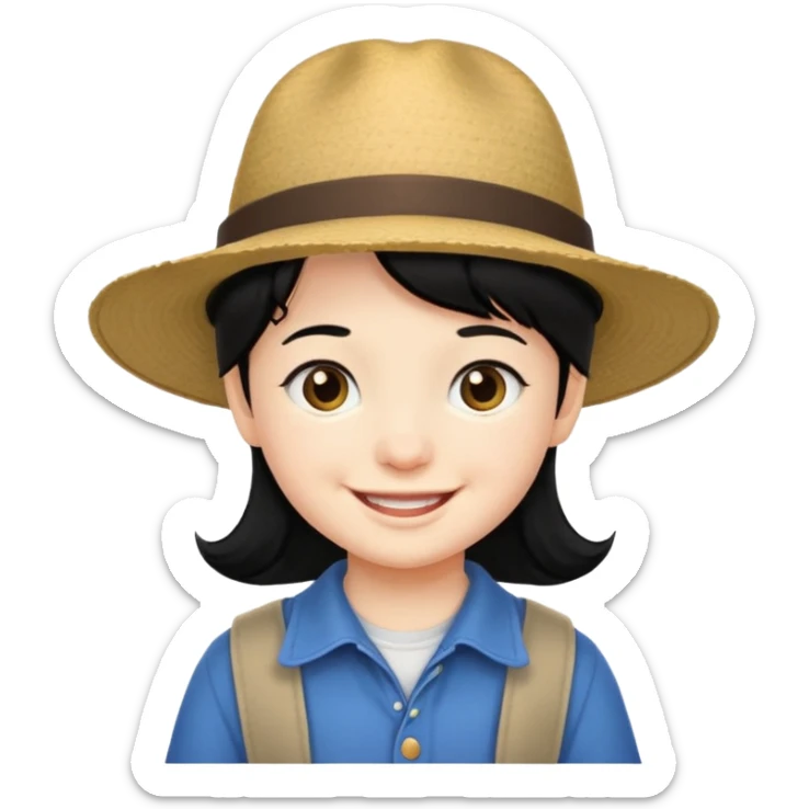 very small tourist kid with big hat and black hair sticker