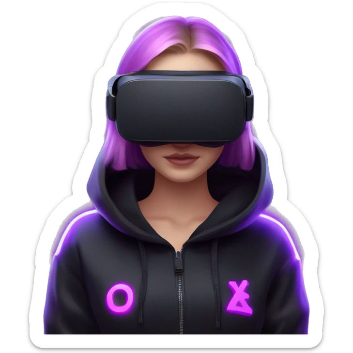 Russian girl wearing black hoody with violet letters "OMG", in vr headset oculus quest2. No eyes on headset. Cyberpunk style. Violet neon. sticker