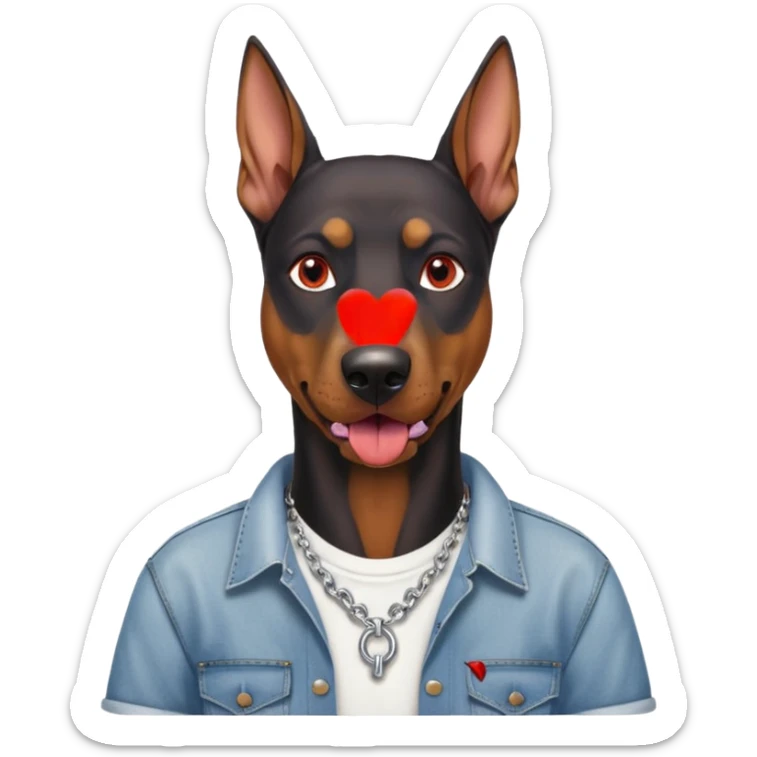 Generate a emoji of a big evil doberman dog with red eyes and a tongue sticking out, give the doberman a human body with a white shirt and baggy jeans, make the doberman have ear piercings and a septum ring sticker