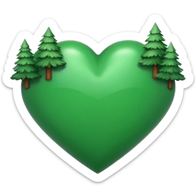 a big green heart emoji  with small pine trees behind it and i love you text on the front of the heart sticker