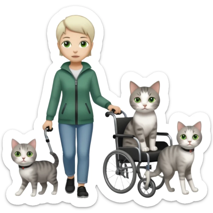 full body small short hair dark grey and white cat with green eyes walking in a wheelchair for cats sticker