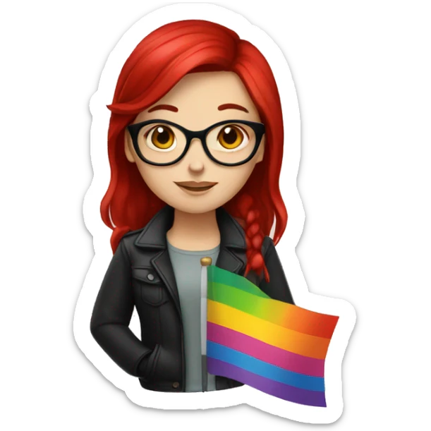 a white girl with black and red hair, glasses and a lesbian flag sticker