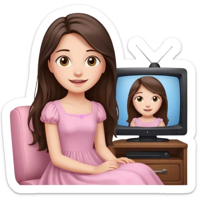 happy long haired brunette girl hazel eyes in light pink watching tv sticker