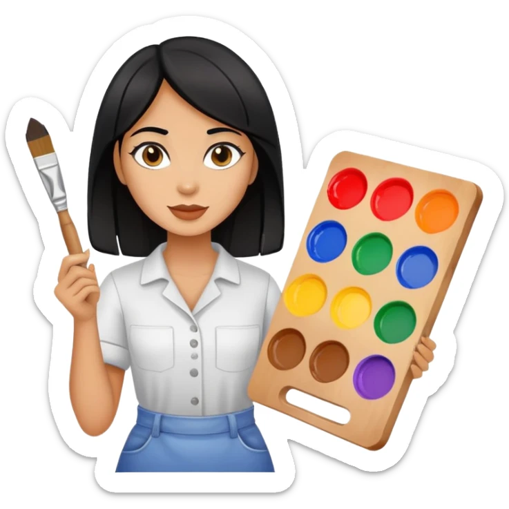 painting, artist, black hair tanned woman, paint pallet colors and paint brush sticker