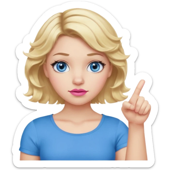 Girl Blonde short wavy hair,  blue eyes, cute blue top, long lashes, pink lips, thumbs down  sticker