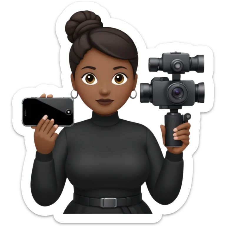 middle aged, plump woman photographer with dark hair, slicked back in a bun, wearing black clothes, carrying a canon r5, and an iPhone on a gimbal sticker