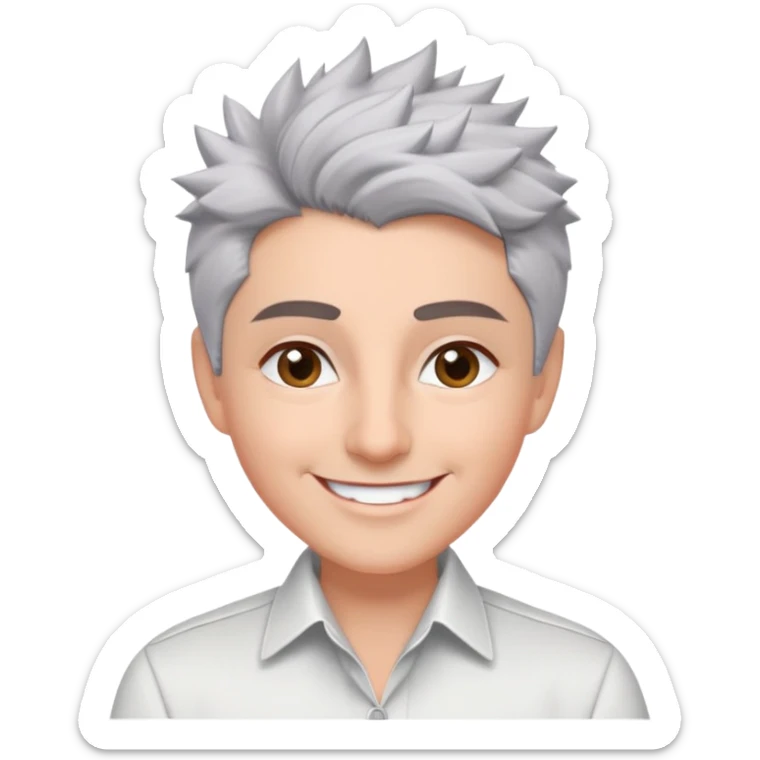 Close-up portrait of Marian Pabón with defined facial structure, light pinkish skin, almond eyes, arched eyebrows, charismatic wide smile, short spiky gray hair, wearing a formal white buttoned shirt sticker